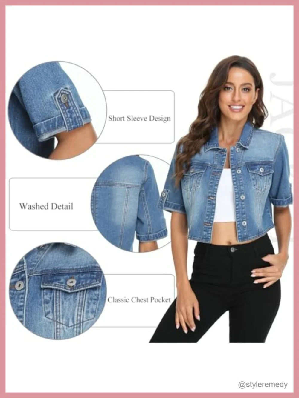 Cropped Denim Jacket Short Sleeve Women's Summer Stretch Cotton Blend
